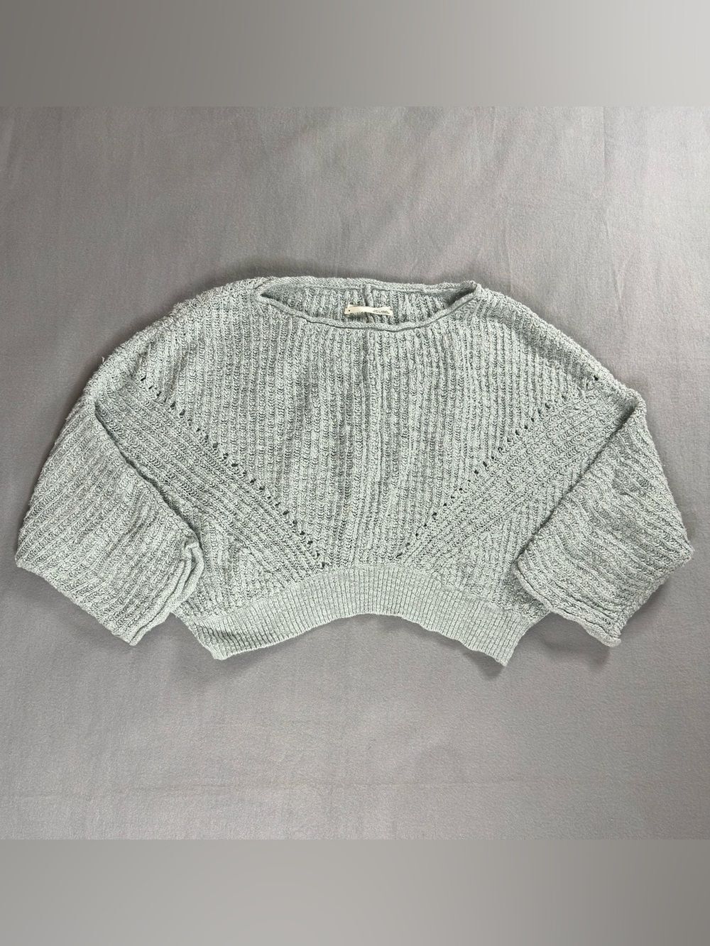 Anthropologie Light Teal Blue Ribbed Crop Sweater SzM Cotton Blend Boatneck Boxy